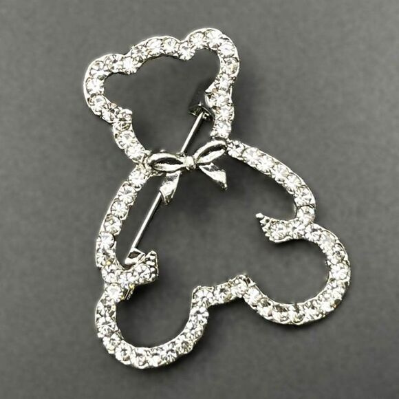 Silver with White Diamond Crystal Teddy Bear and Bow Silhouette Pin Back Brooch - Picture 1 of 7